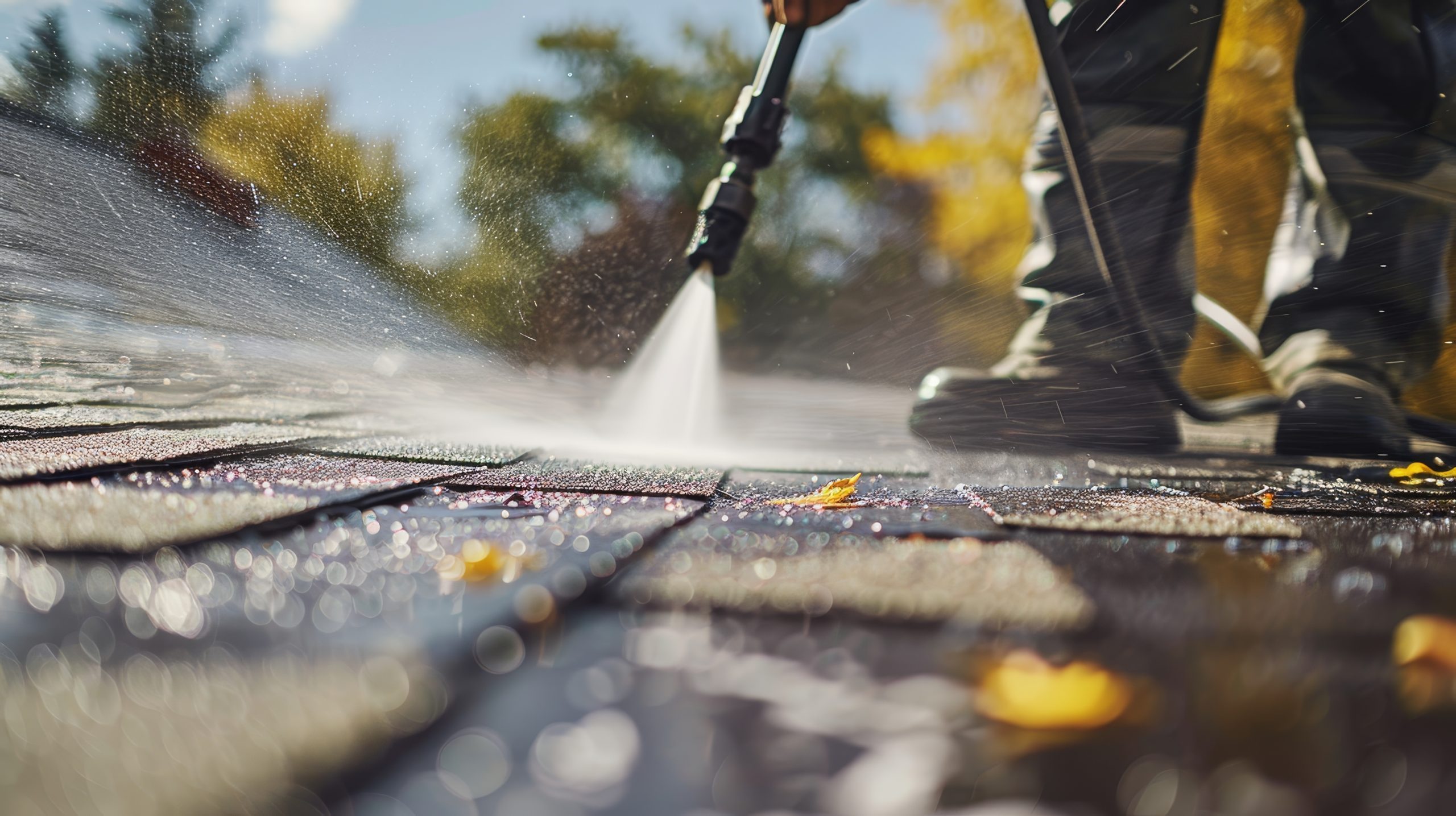 A close-up of a person using a high-pressure water hose to clean a brick pavement. Water sprays forcefully, removing debris. Sunlight filters through trees in the background, casting a warm glow on fallen leaves scattered around, much like the aftermath of storm roof repair ensures a spotless finish.