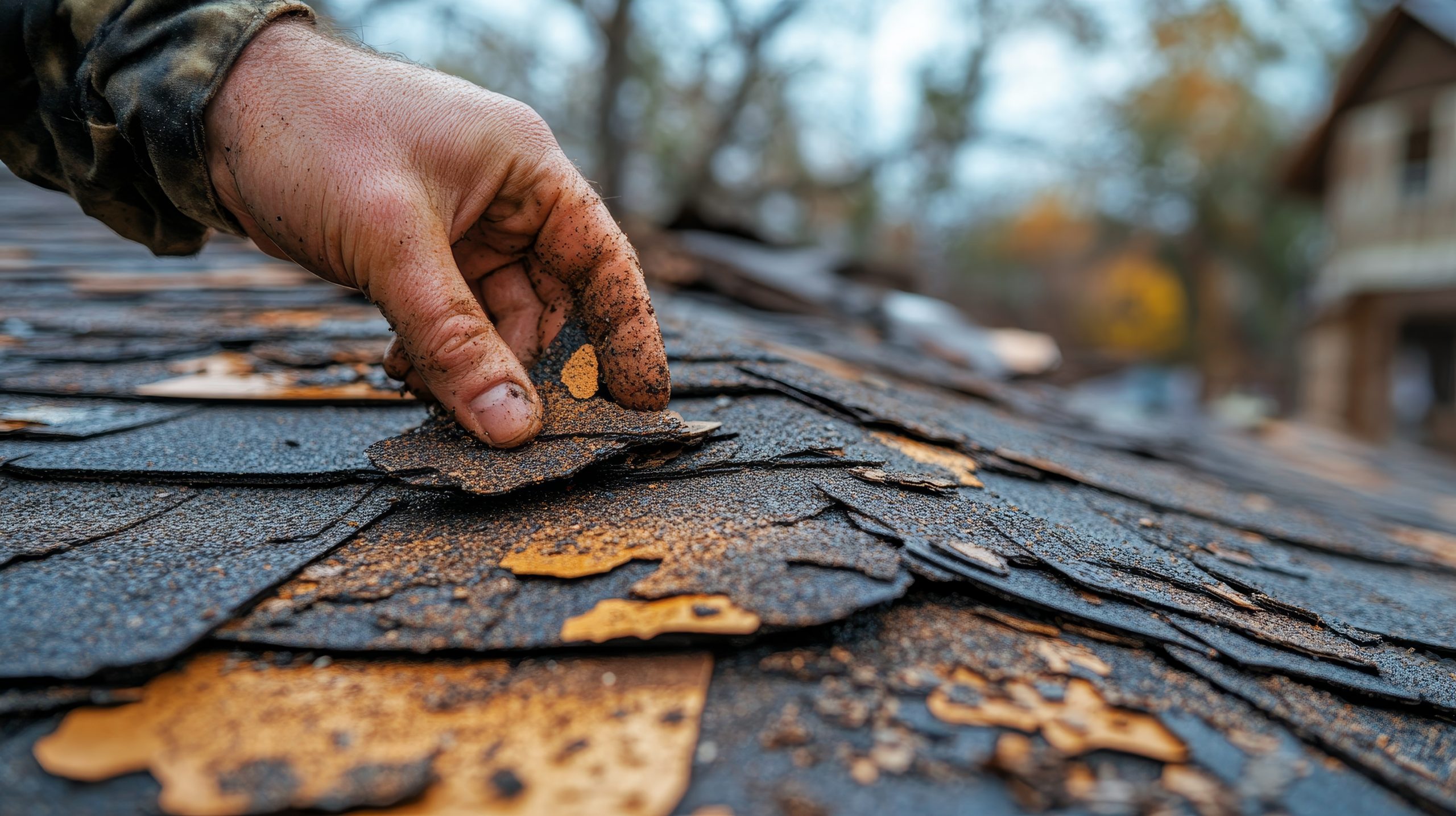 A close-up of a hand on a deteriorating roof, lifting a damaged asphalt shingle. The weathered and cracked shingles reveal a textured surface, with trees and a house blurred in the background, highlighting the need for storm roof repair.