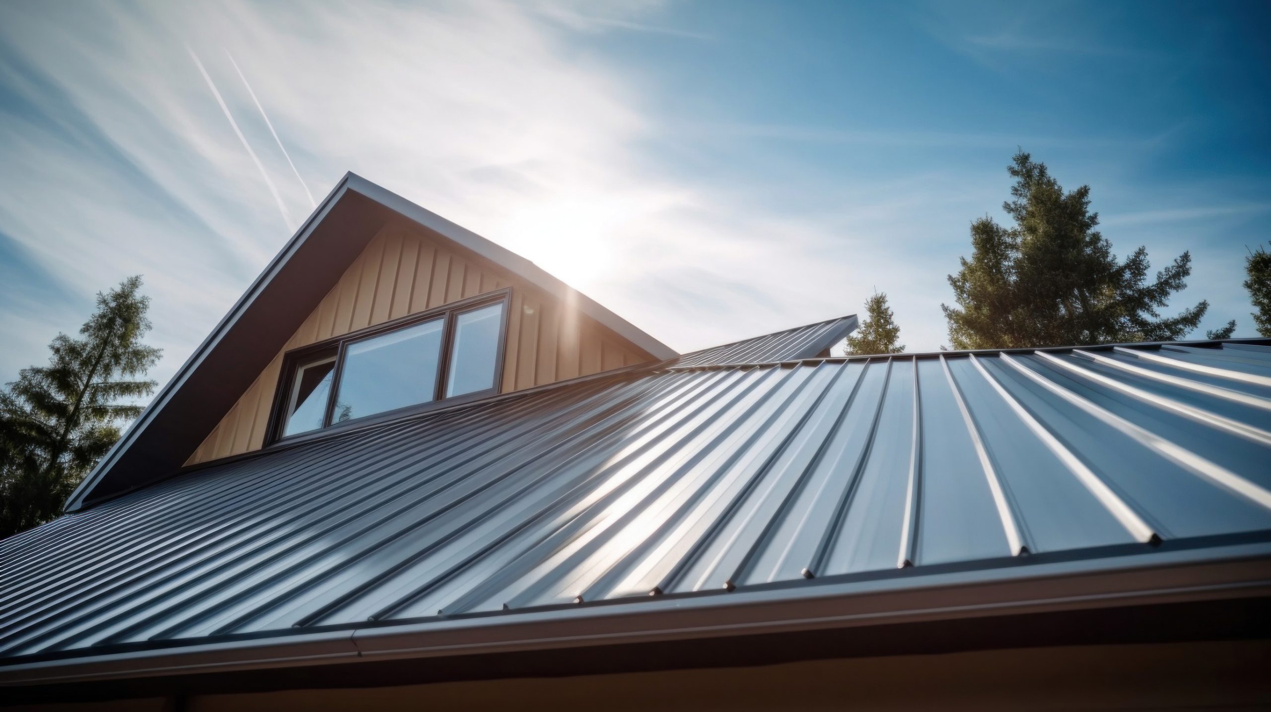 A modern house with a metal roof reflecting sunlight, angled upward toward a blue sky with wispy clouds. Trees are visible around the home, and the sun shines brightly behind the roofline.