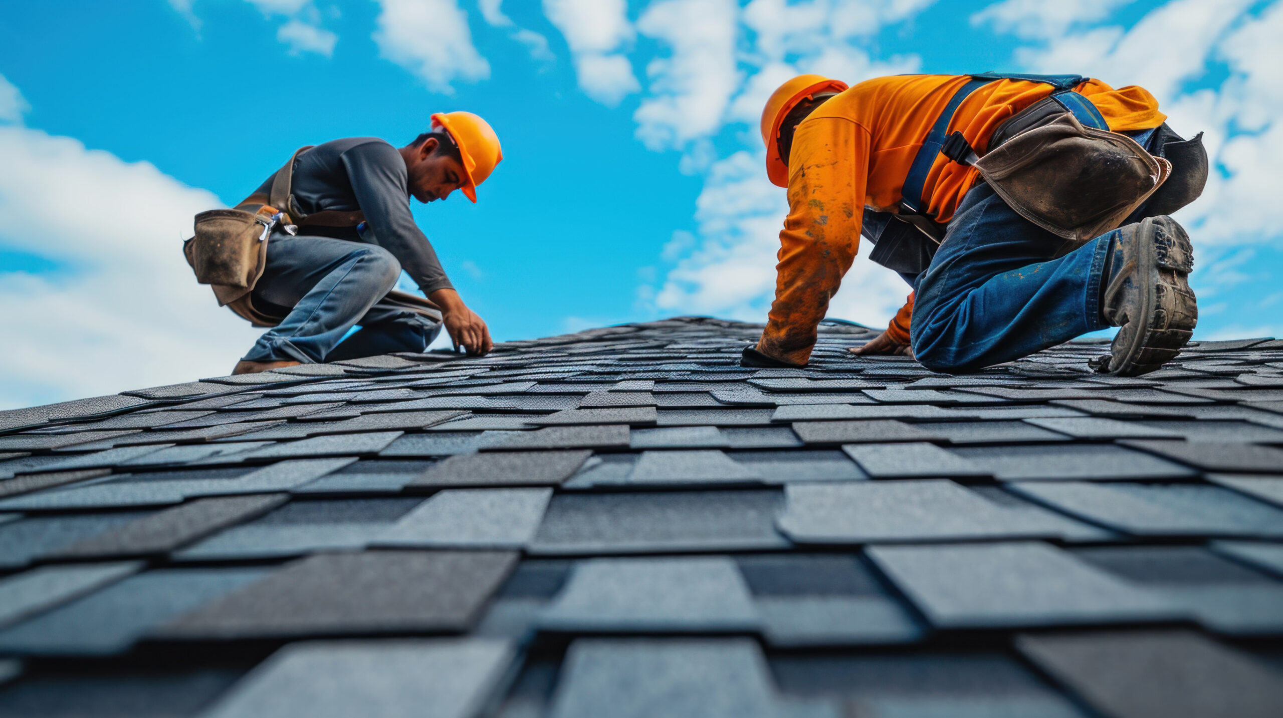 Two construction workers in safety gear and orange helmets kneeling and installing shingles on a sloped roof under a partly cloudy blue sky.