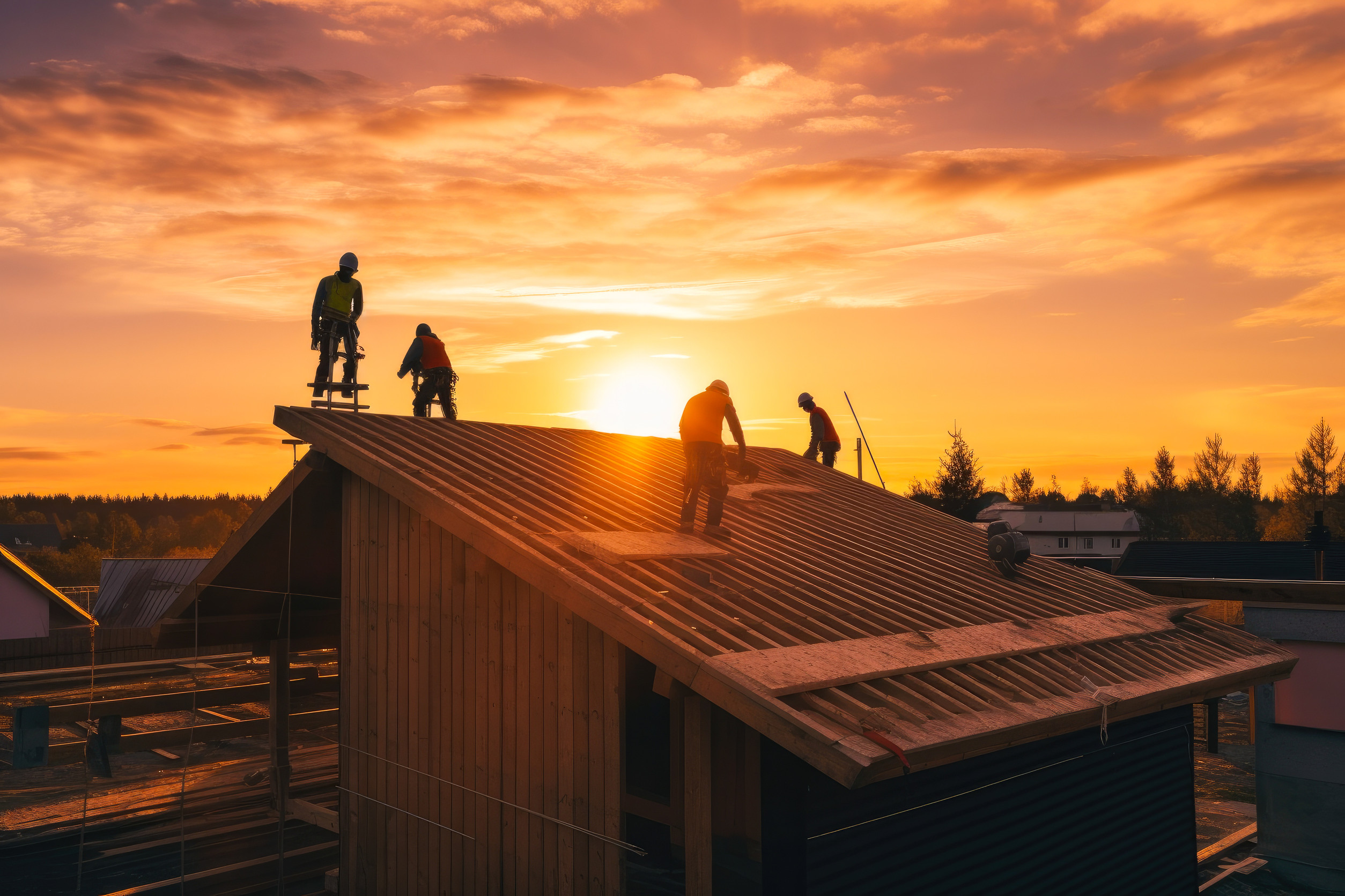 Construction workers are silhouetted against a vibrant sunset sky as they work on the roof of a wooden building, with tools and materials spread across the rooftop.