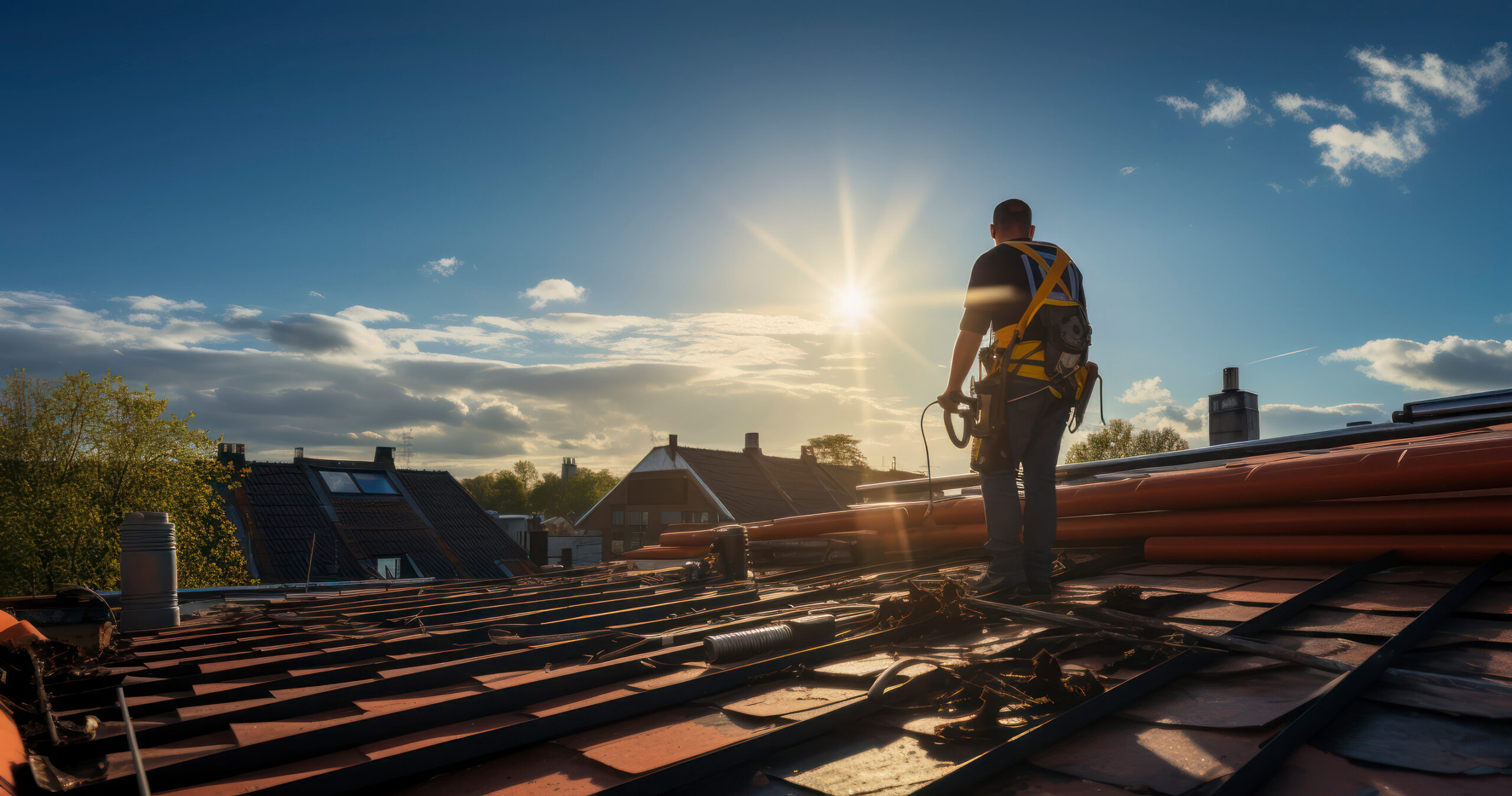 A worker wearing a safety harness stands on a rooftop at sunset, holding tools and looking over nearby houses with the sun low in the sky and clouds in the background.