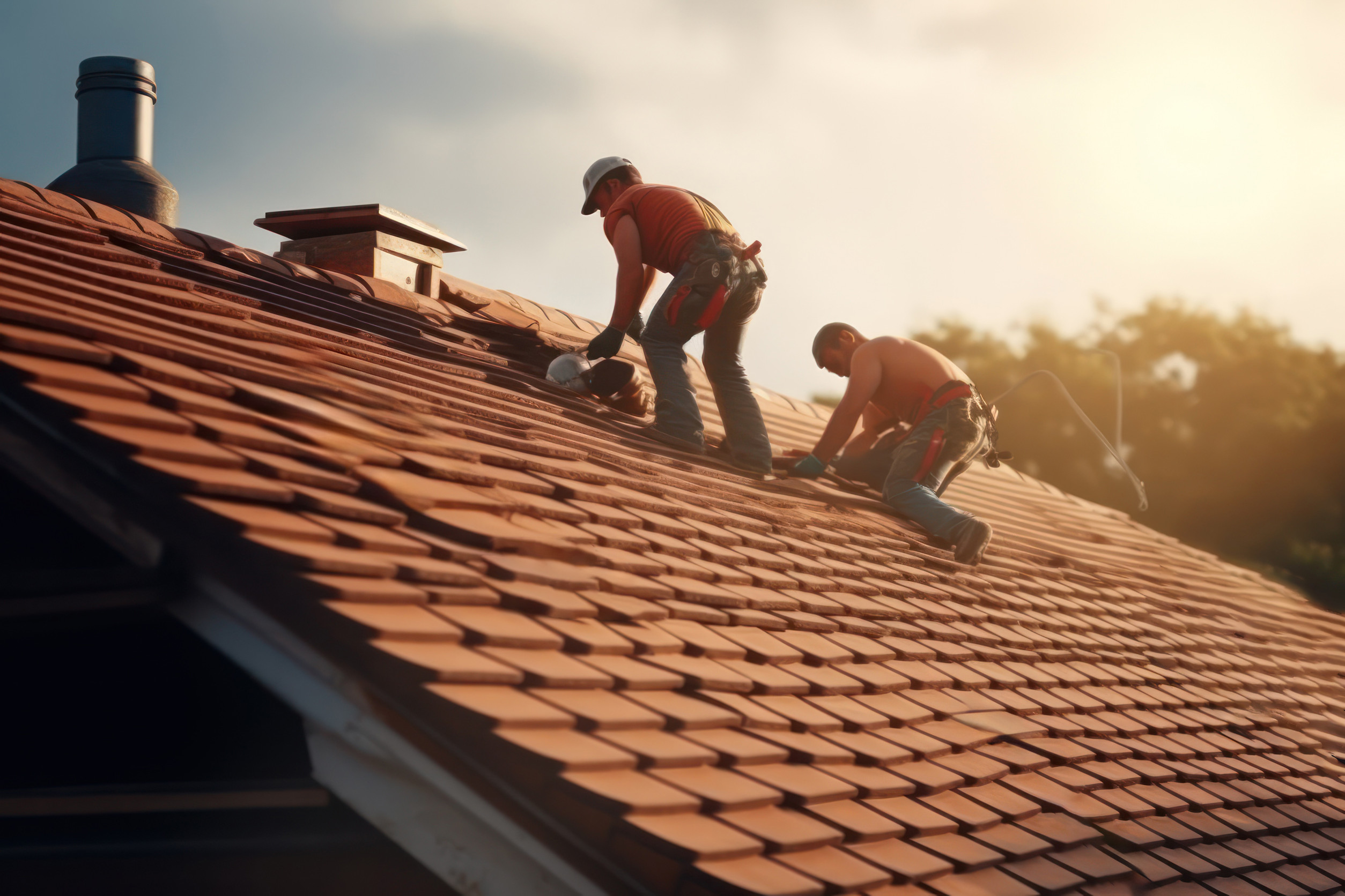 Two workers wearing safety gear are repairing or installing red roof tiles on a sloped house roof during sunset, with tools and materials visible. Trees and a chimney are in the background.