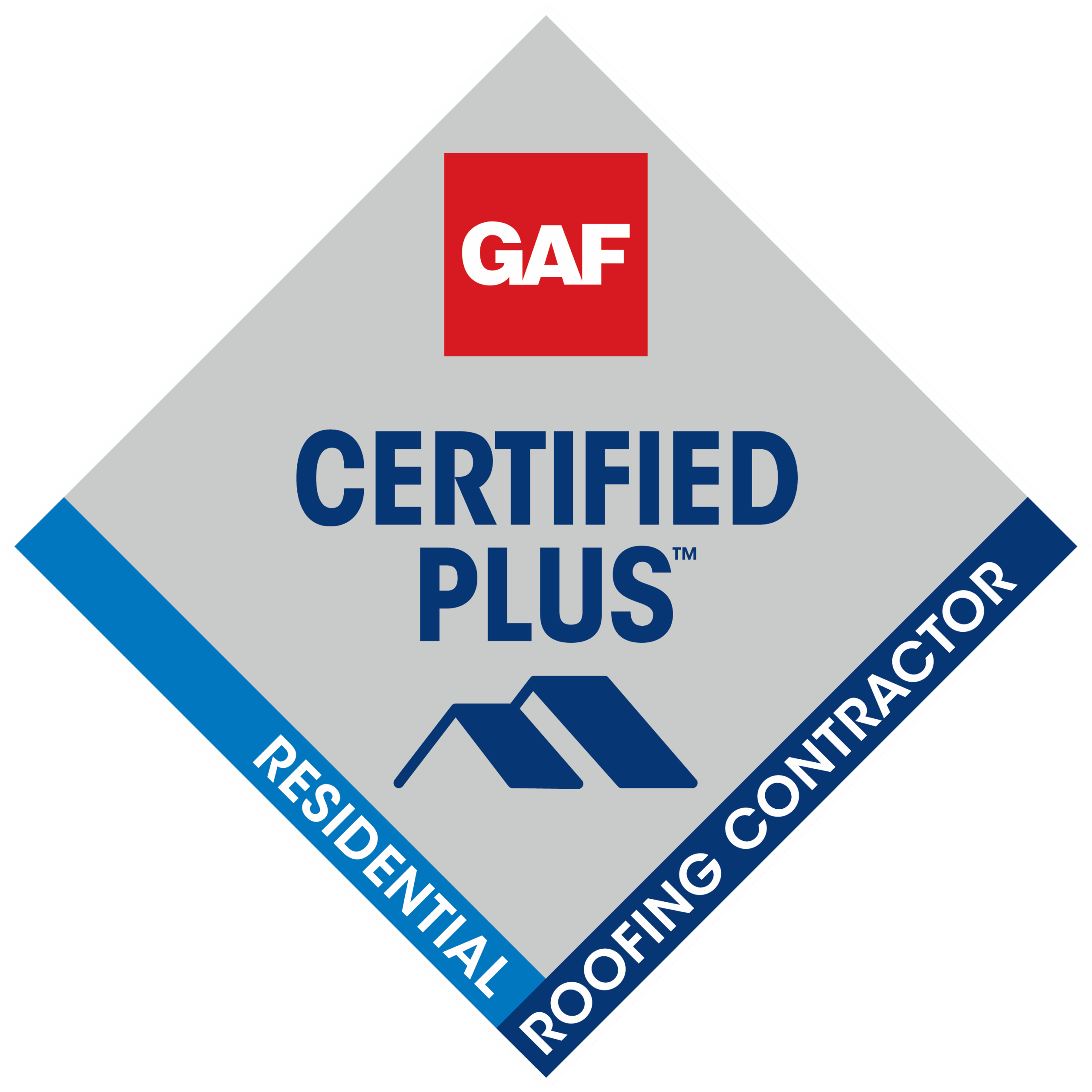 GAF Certified Plus logo in a diamond shape with "RESIDENTIAL ROOFING CONTRACTOR" on a blue border and a graphic of a roof under the text.