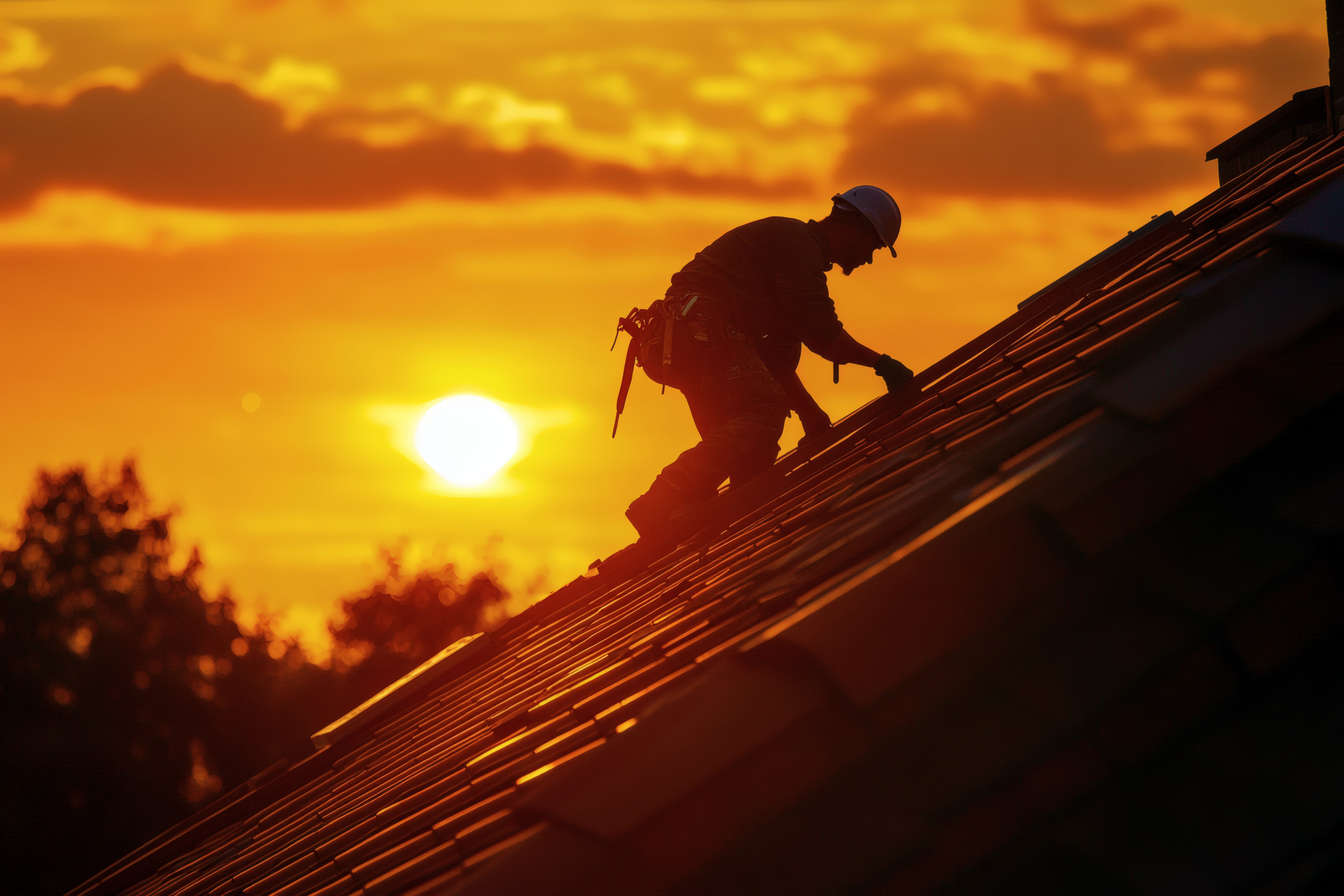 A construction worker wearing a safety harness and helmet installs roofing tiles on a sloped roof at sunset, with the bright sun and orange sky in the background.