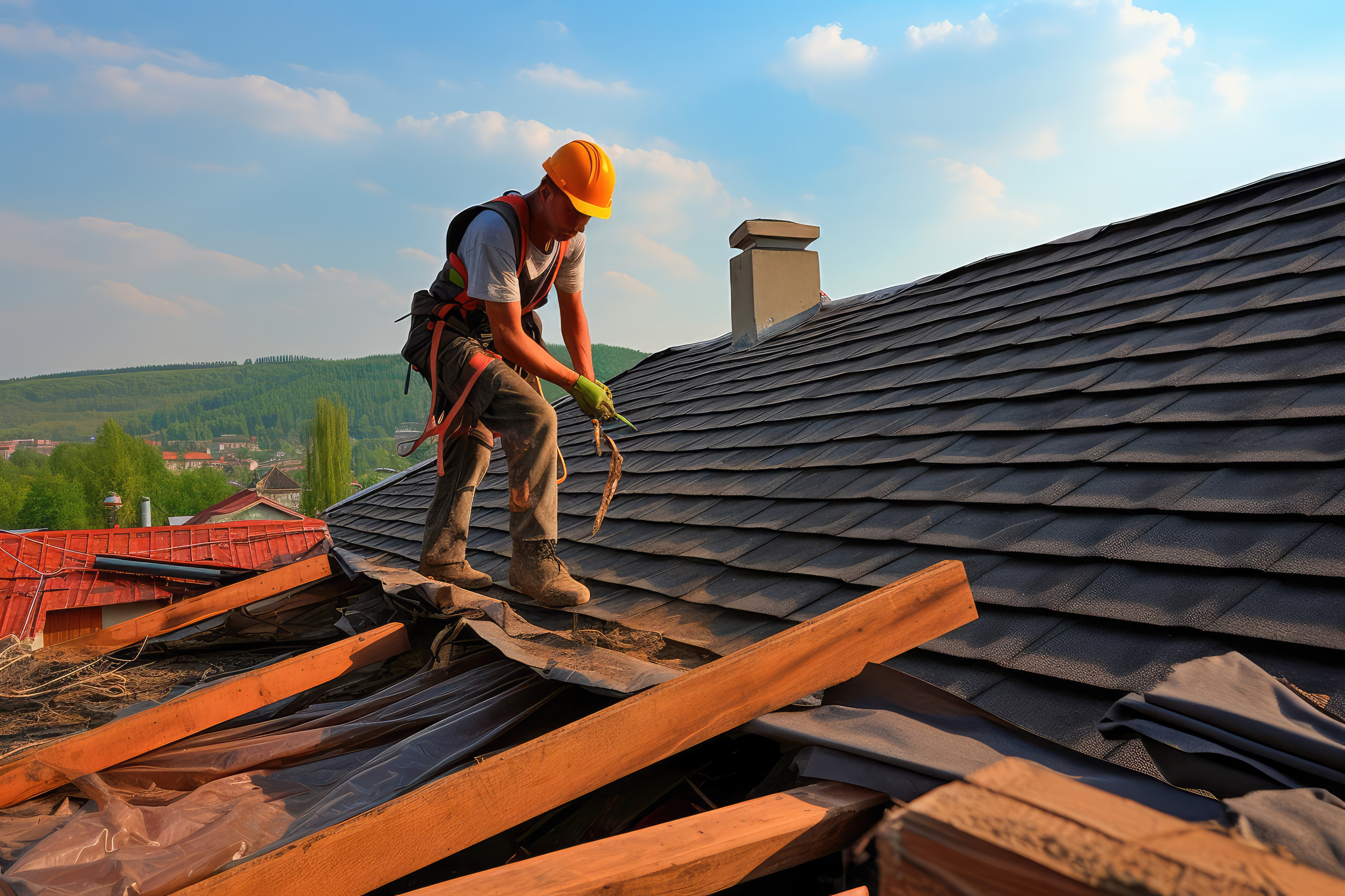 A construction worker wearing a safety harness and helmet repairs a rooftop, holding a hammer surrounded by wooden beams, with a scenic landscape and blue sky in the background.