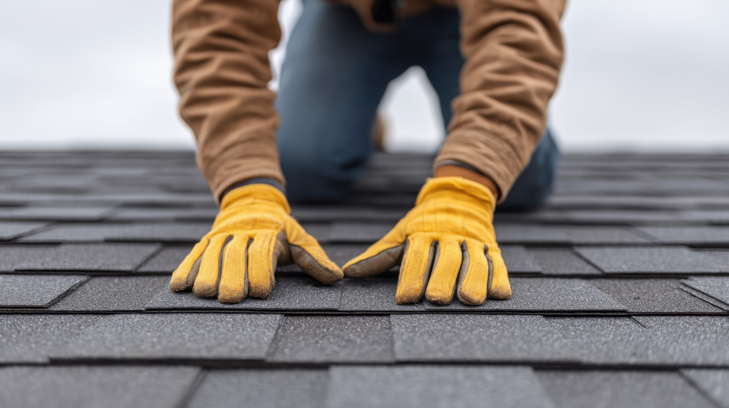A person wearing a brown jacket, jeans, and yellow work gloves is kneeling on an asphalt shingle roof, using both hands to work on the shingles. The sky in the background appears overcast.