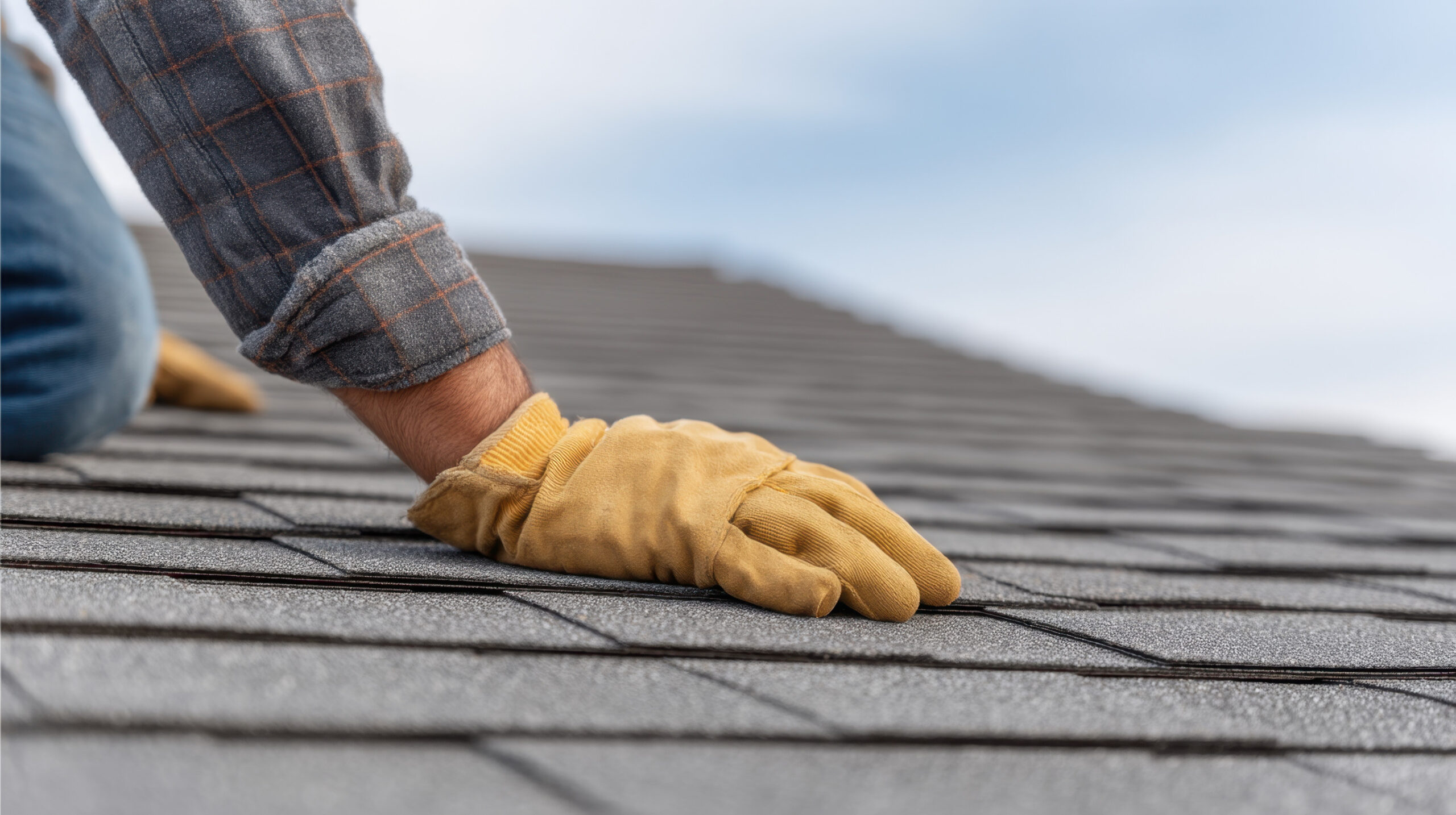 A person wearing a plaid shirt and yellow work gloves is inspecting or installing gray asphalt shingles on a roof under a blue sky.