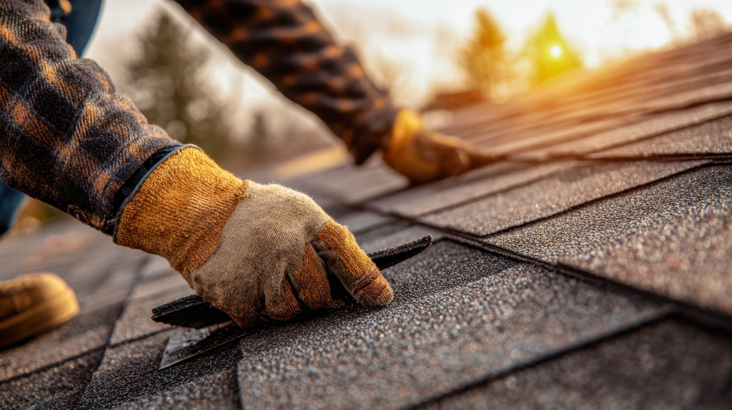 A close-up of a gloved worker's hands installing asphalt shingles on a roof at sunset, with a blurred outdoor background and warm sunlight.