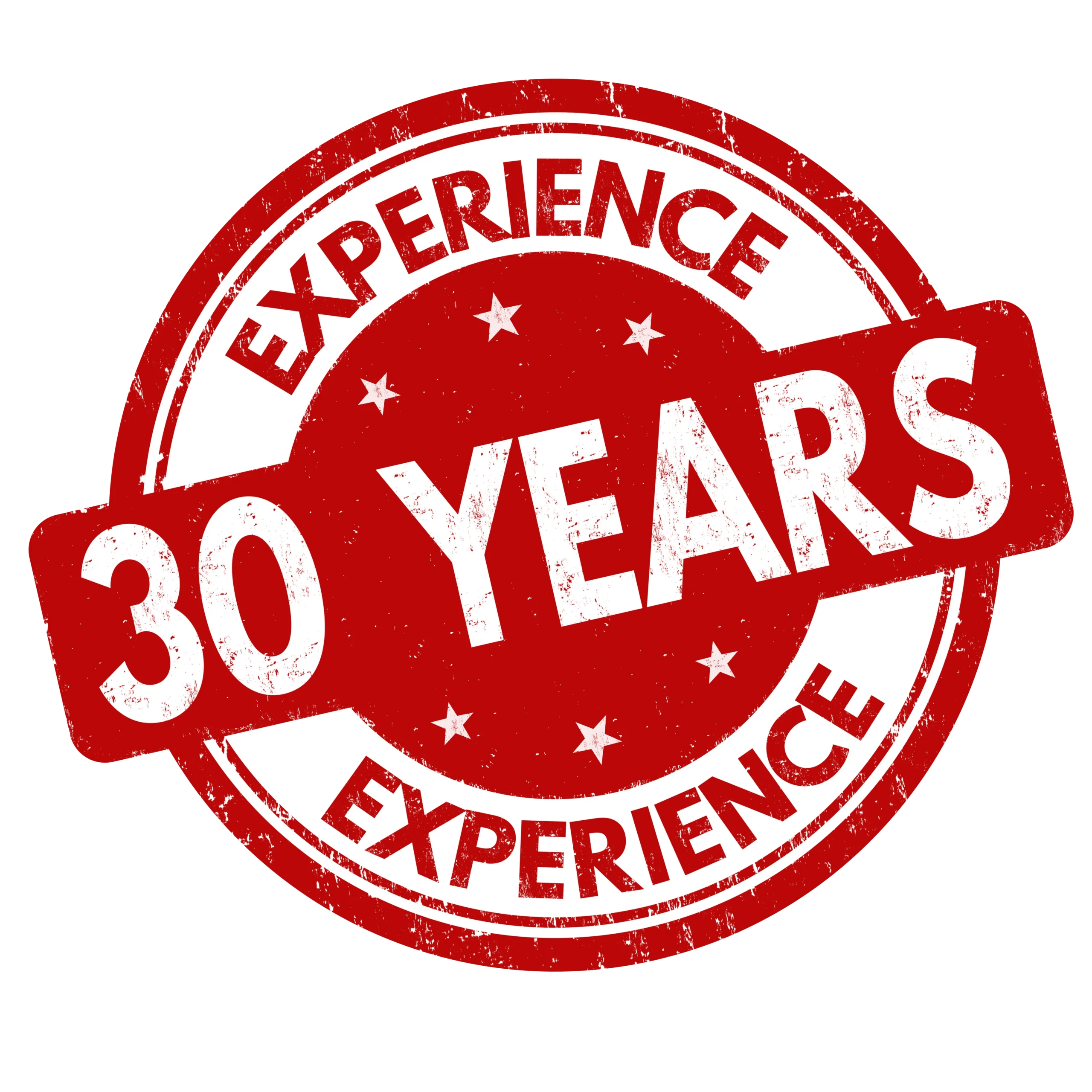 A red and white circular stamp with the words "30 YEARS EXPERIENCE" written prominently, indicating three decades of expertise. The design is slightly distressed for a vintage effect.